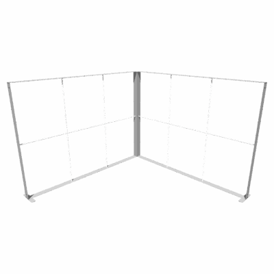 Structural view of 90-degree illuminated trade show booth with two 10ft SEG backlit frames forming an L-shape