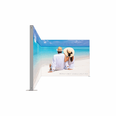 Mobile Light Box corner booth with vibrant SEG graphics and lightweight aluminum frame