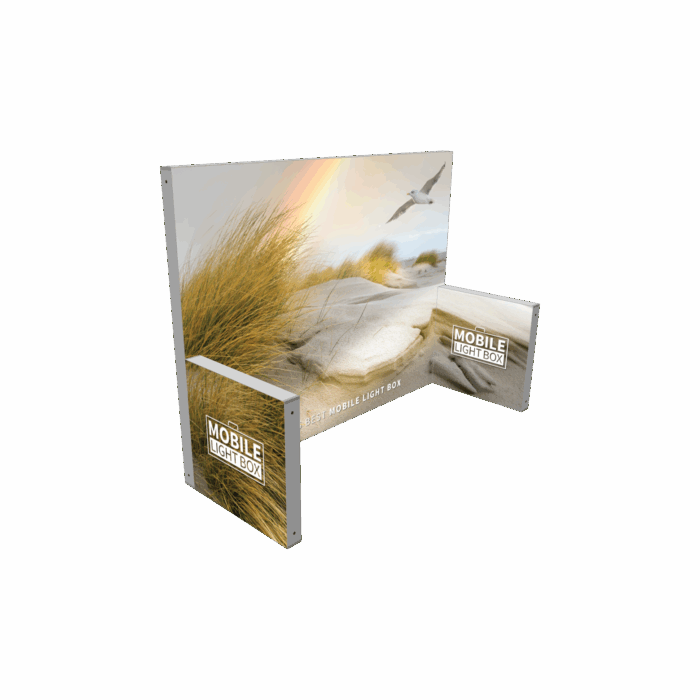 Mobile Light Box booth with 10ft illuminated backdrop and compact sidewalls for added branding space