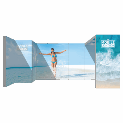 20ft illuminated back wall trade show booth with forward-facing arch and left-side storage room