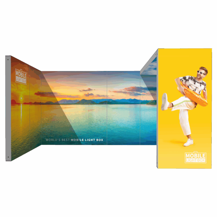 20ft illuminated trade show booth with 13ft back wall, 7ft sidewall, and integrated arch