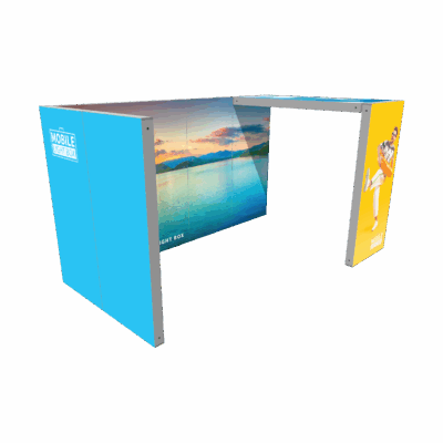 20ft backlit booth with L-shaped design and integrated arch for trade shows