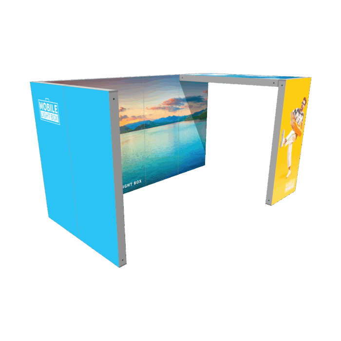 20ft backlit booth with L-shaped design and integrated arch for trade shows