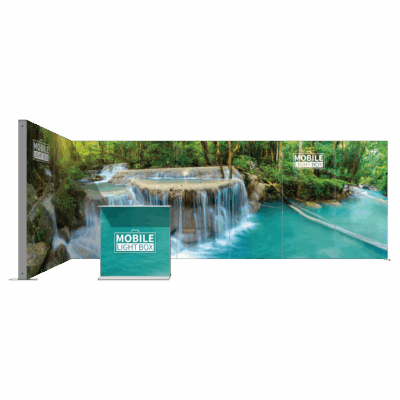 26ft illuminated trade show booth with 20ft back wall, 6ft sidewall, and battery-powered counter display