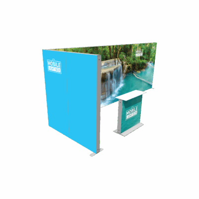 Mobile Light Box 26ft exhibit kit with SEG graphics, modular sidewall, and portable counte