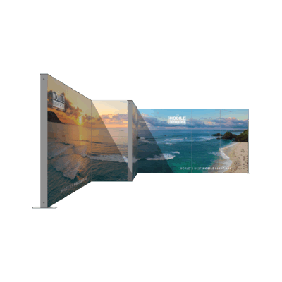 Mobile Light Box corner booth with enclosed storage room and vibrant SEG backlit walls