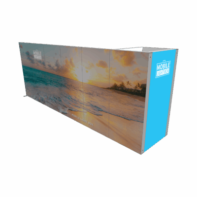 Mobile Light Box Kit J booth setup shown from the back-side angle with branded backlit display walls.