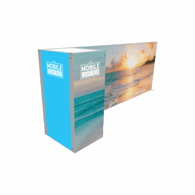Mobile Light Box Kit J booth setup shown from the right side with branded backlit display walls.