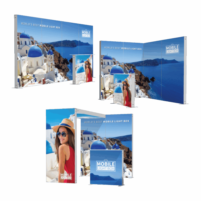 Flexible backlit booth setup with modular sidewalls, part of Kit K 3-in-1 system