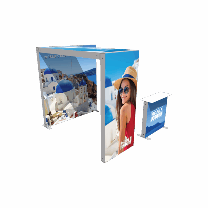10×10 illuminated trade show booth setup with SEG graphics from Kit K multi-configuration system