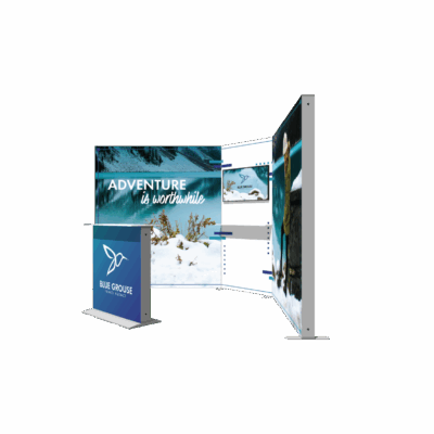 Concave SEG fabric booth with battery-powered illuminated counter display