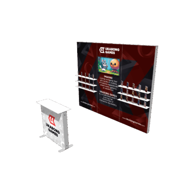 Modular SEG light box trade show display with backlit banner and literature shelves for Ukabong Games booth