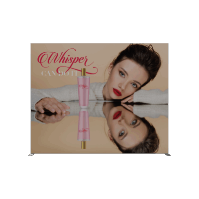 Backlit SEG light box displaying beauty brand Whisper campaign with model and product reflection at trade show