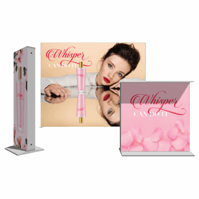 Portable SEG light box trade show display set featuring backlit cosmetics graphics and modular pillar design
