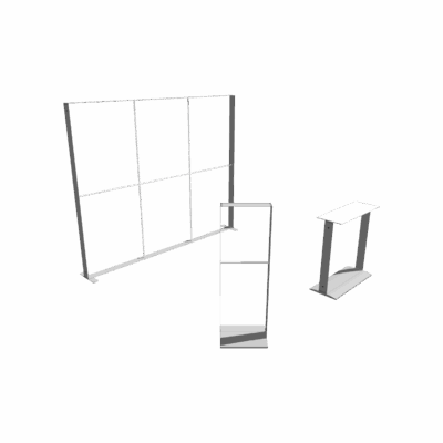 Modular SEG light box display system with backlit frames, counter, and kiosk for trade shows