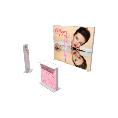 Portable SEG light box displays with fabric graphics showing front and side views of modular backlit banner system