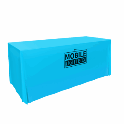 Cyan blue fitted table cover with Mobile Light Box logo for portable trade show display setup
