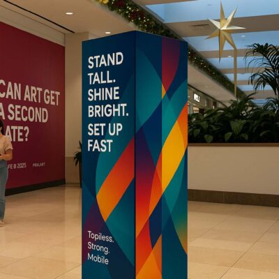 Tall portable SEG light box display with colorful geometric graphics in shopping mall during holidays