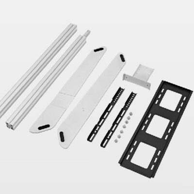 TV stand parts laid out, including aluminum rails, base supports, mounting brackets, screws, and black screen mounting plate.