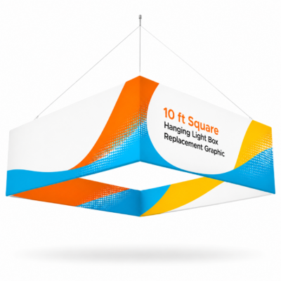10 ft square hanging light box replacement graphic with seamless wraparound orange, blue, and yellow abstract artwork on a white background.
