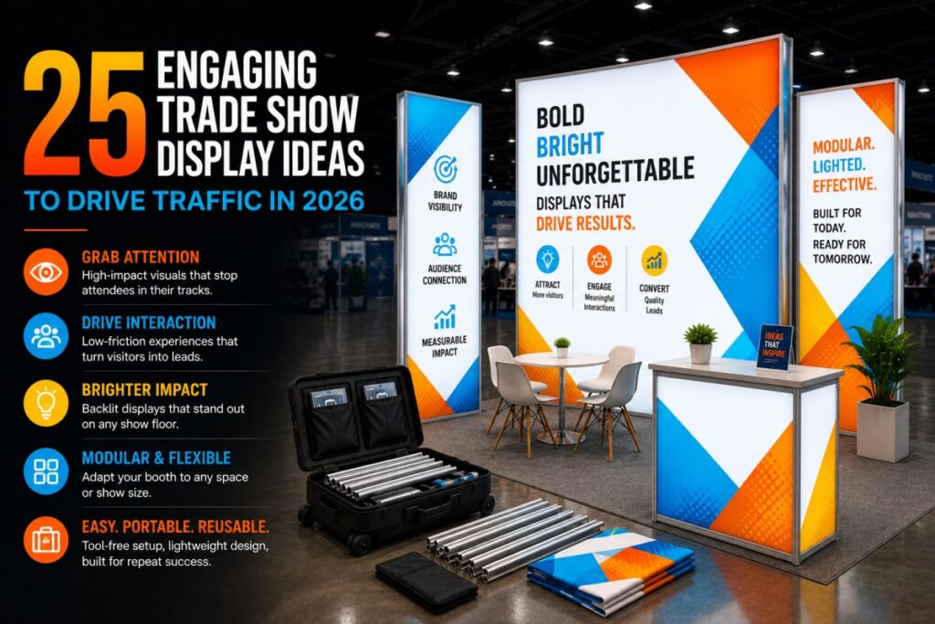 Modern trade show booth with backlit SEG fabric displays, modular frame components, portable display case, and traffic-driving callouts for engaging trade show display ideas in 2026.