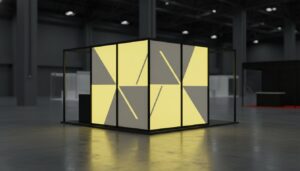 Modular SEG light box booth with backlit geometric pattern in yellow and gray at trade show venue