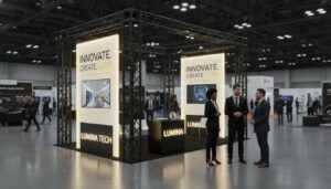Modular trade show display with backlit SEG light box panels and aluminum truss frame at convention center