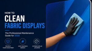 Hand cleaning fabric graphic display with microfiber cloth showing proper SEG light box maintenance technique