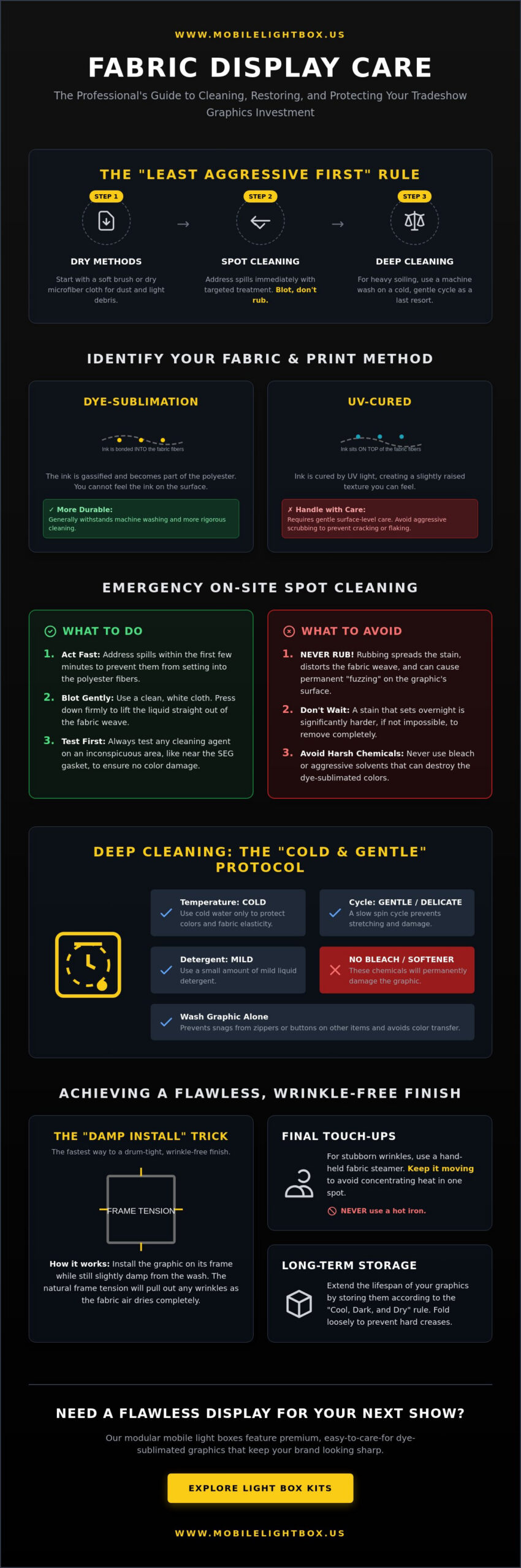 Fabric display care guide for cleaning and maintaining dye-sublimated SEG light box graphics and backlit banners