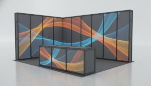 Modular SEG light box trade show booth with backlit graphics and reception counter in corner configuration