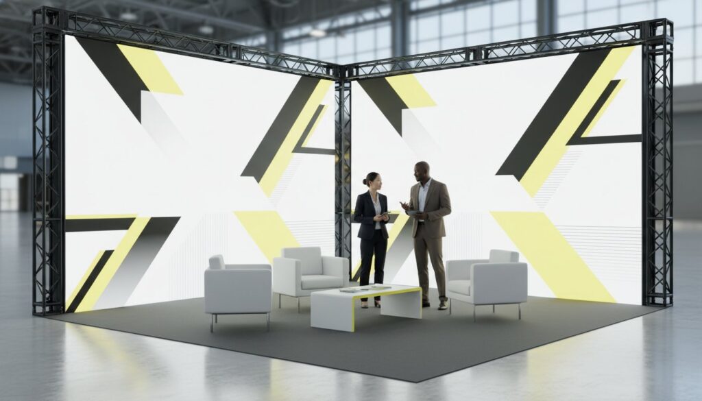 Modular SEG light box trade show booth with backlit graphics and professional meeting space