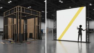 Modular SEG light box displays with aluminum frames being assembled at trade show venue