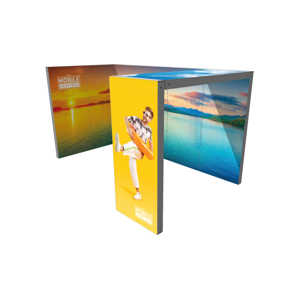 Illuminated Mobile Light Box trade show booth with ocean graphics and a yellow panel featuring a person with an inflatable ring.