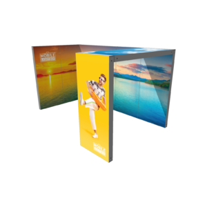 Modular SEG light box booth with backlit fabric graphics creating illuminated portable trade show display structure