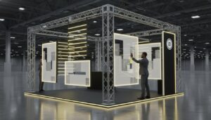 Modular SEG light box trade show booth with aluminum truss frame and backlit fabric graphics in convention center
