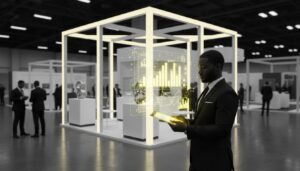 Professional using portable trade show display with backlit graphics and digital data visualization at exhibition