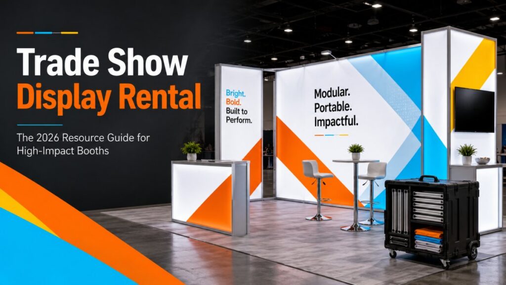 Modern modular trade show display rental booth with illuminated SEG light boxes, portable counter, meeting area, and wheeled transit case in Mobile Light Box brand colors.
