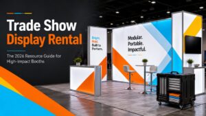 Modular trade show display booth with backlit SEG light box panels and portable storage case at convention center