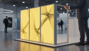 Modular SEG light box display with yellow backlit graphics at trade show exhibition hall