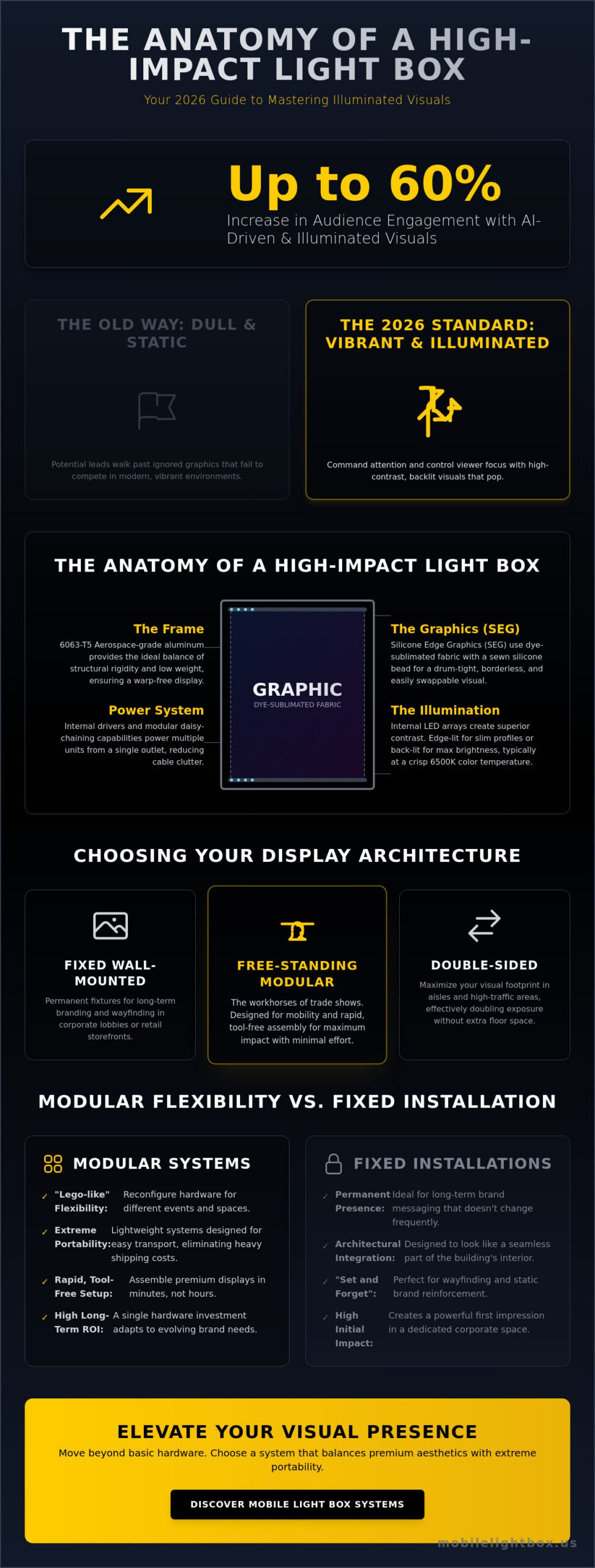 SEG light box infographic showing portable trade show display benefits and modular system features