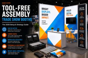 Tool-free SEG light box trade show booth with modular display system and portable wheeled cases