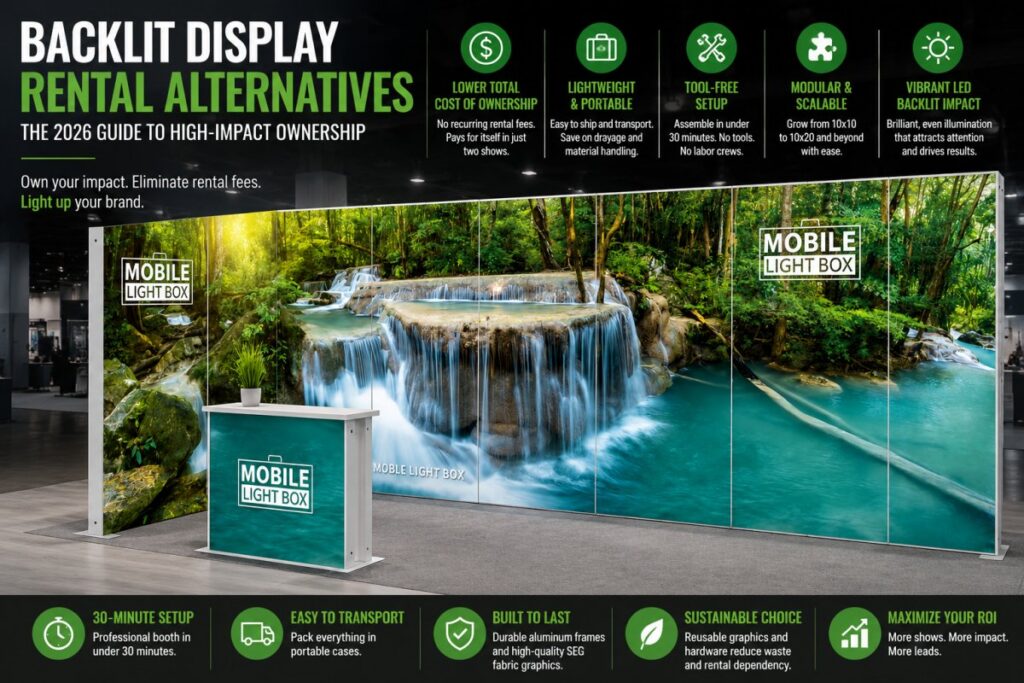 Modern trade show booth with illuminated SEG light box displays, built-in LED frame lighting, modular booth panels, portable components, and callouts for visibility, setup, scalability, and ROI.