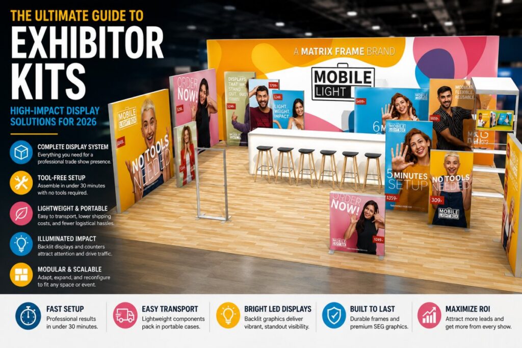Modern exhibitor kit booth with backlit display panels, modular booth graphics, tool-free setup callouts, portable components, and high-impact display solutions for 2026.