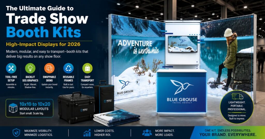 Hero image showing a complete modular trade show booth kit with internally backlit SEG walls, branded counter, monitor display, wheeled transport cases, and folded graphic skins, highlighting tool-free setup, reusable frames, swappable graphics, easy transport, and high-impact visibility for 2026 trade shows.