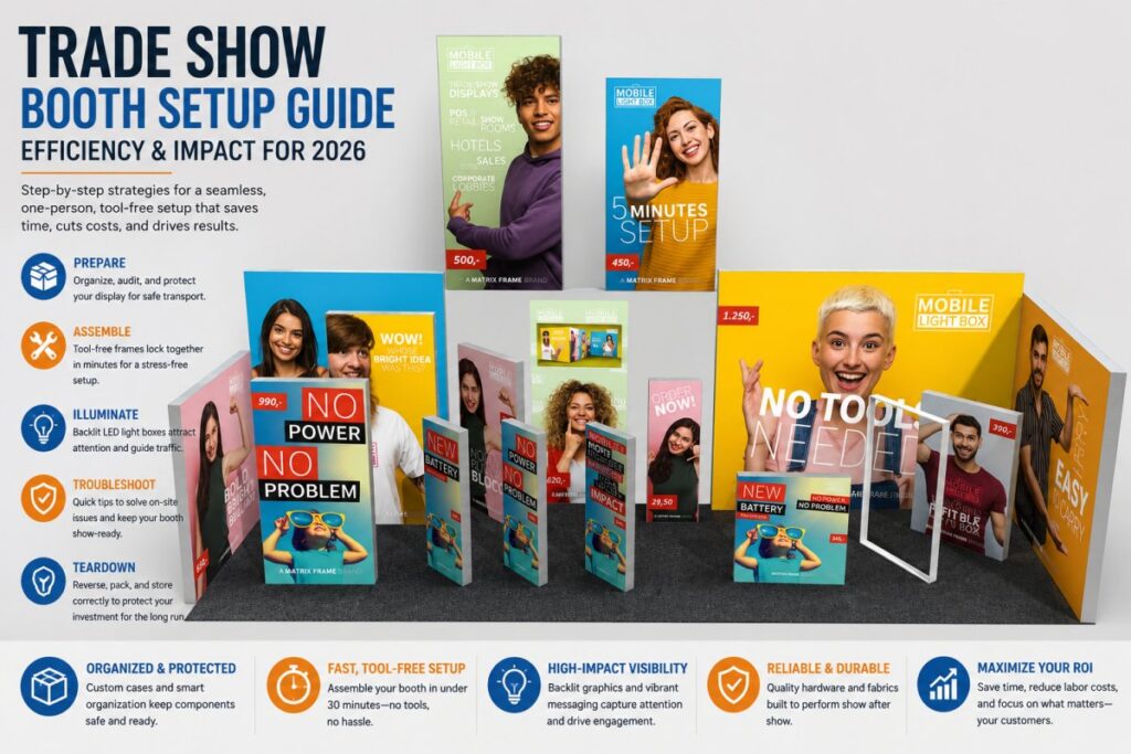 Trade show booth setup guide image showing modular backlit displays, tool-free frame assembly, organized booth components, and setup steps for efficient high-impact exhibiting in 2026.