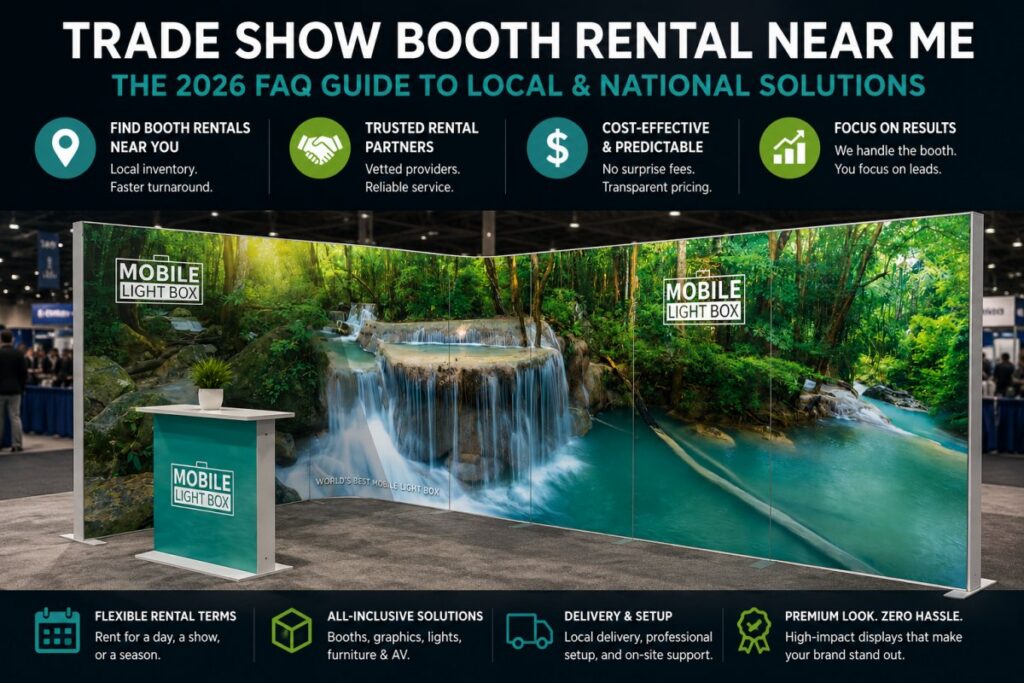 Modular SEG light box trade show booth with backlit waterfall graphics and portable display counter