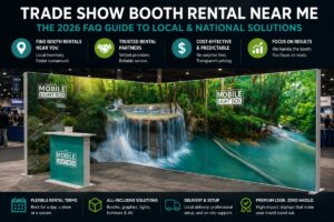 Modular SEG light box trade show booth with backlit waterfall graphics and portable display counter