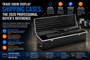 Open hard-shell trade show display shipping case with packed booth components, benefit icons, and logistics callouts for protection, storage, portability, and 2026 event shipping.
