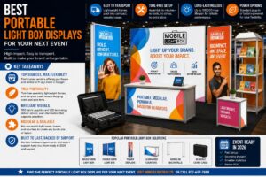 Portable trade show display light boxes with LED backlighting and modular counters at exhibition booth